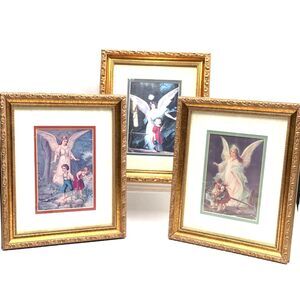 3 PC Gallery Graphics Gorgeous Gold Gilded Frames & Matted Guardian Angel Prints